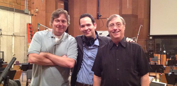 Robert Meyer Burnett and Roger Lay, Jr. with TNG composer Ron Jones at the Newman Scoring Stage