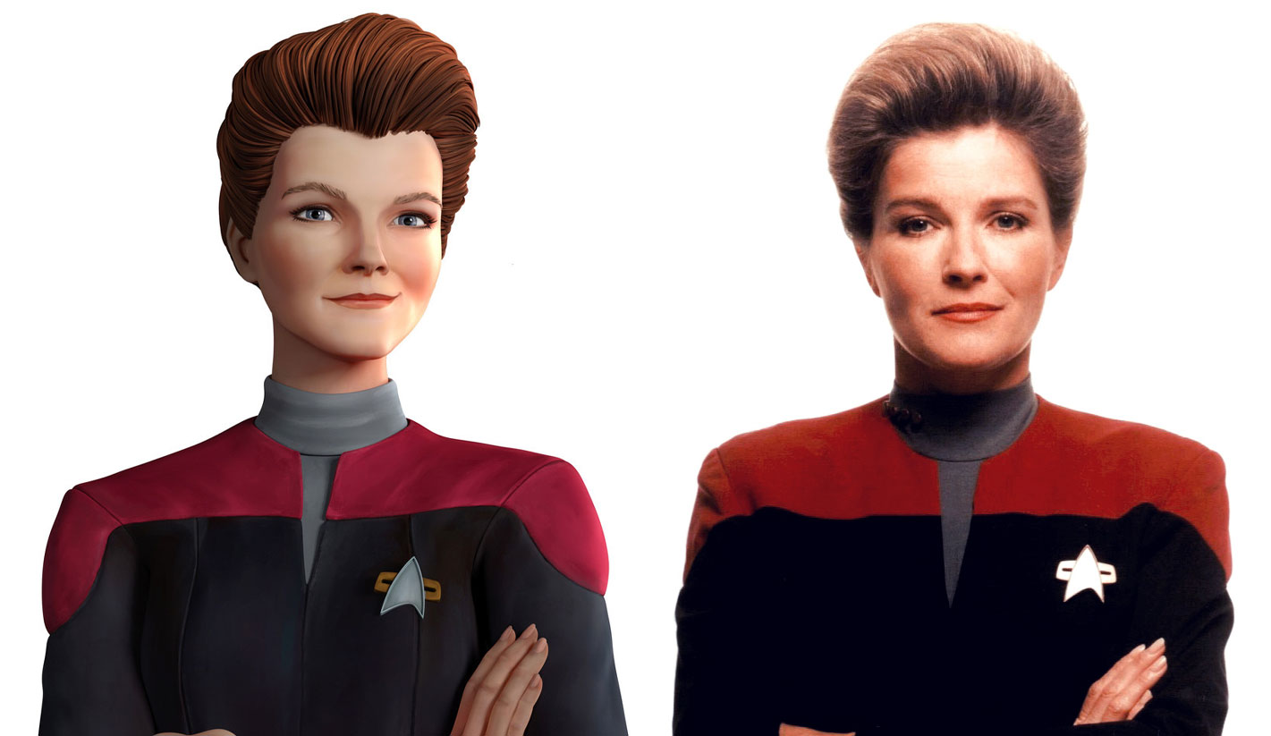 Kate Mulgrew as Captain Kathryn Janeway in Star Trek: Voyager, and her hologram in Star Trek: Prodigy